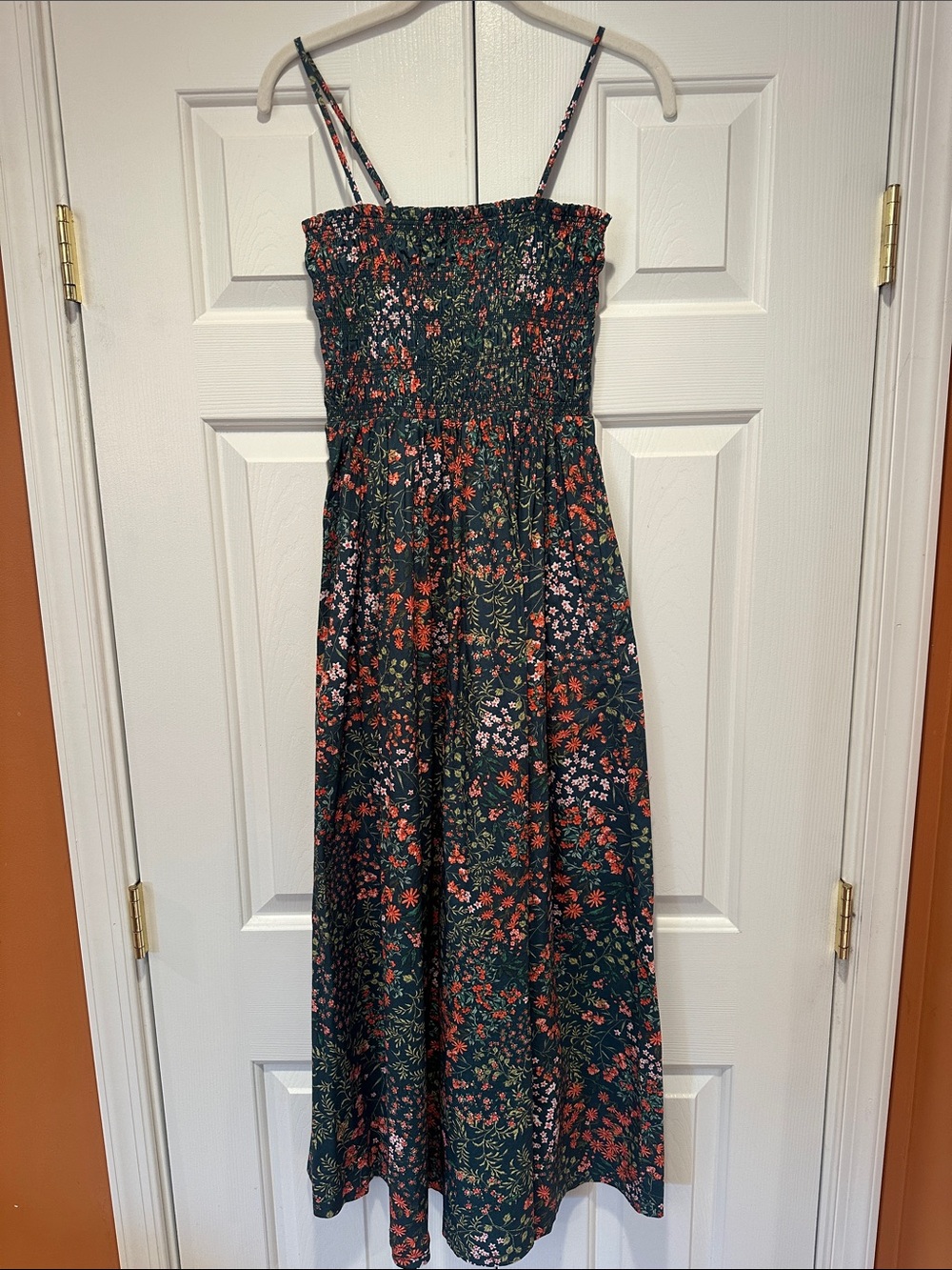LOFT Hunter Green Floral Maxi Dress with Coral & Pink Accents size XS